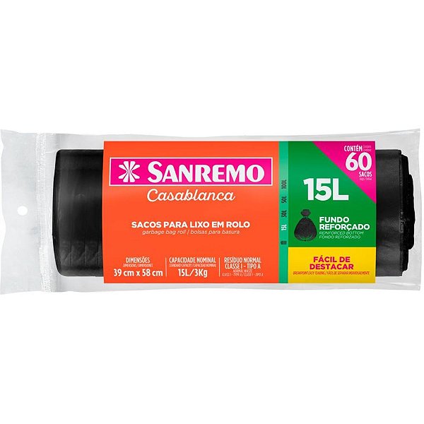 Saco Para Lixo 15l Preto Rolo Reforçado Rl.C/60 Sr3115 Sanremo