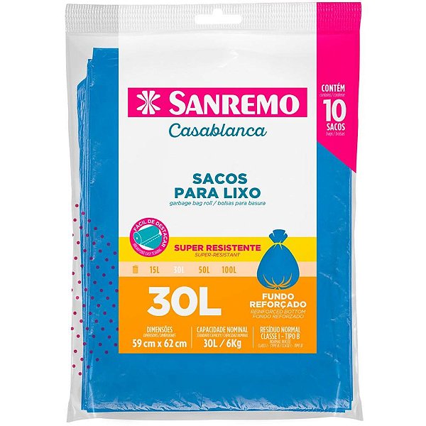 Saco Para Lixo 30l Azul Almofada Reforçado Pct.C/10 Sr2030 Sanremo