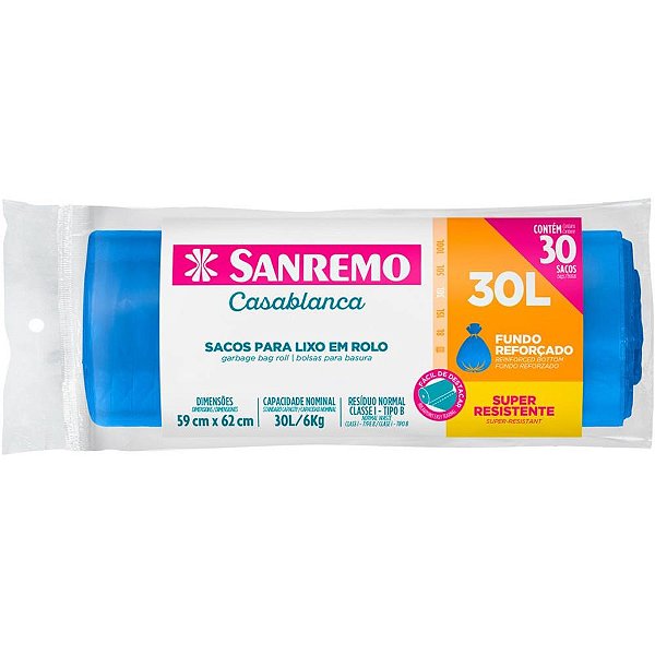 Saco Para Lixo 30l Azul Rolo Reforçado Rl.C/30 Sr2130 Sanremo