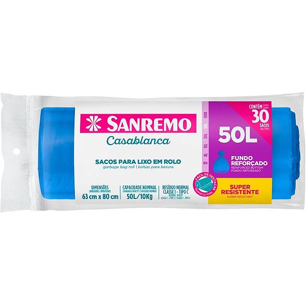 Saco Para Lixo 50l Azul Rolo Reforçado Rl.C/30 Sr2150 Sanremo
