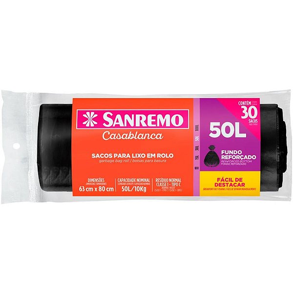Saco Para Lixo 50l Preto Rolo Reforçado Rl.C/30 Sr3150 Sanremo