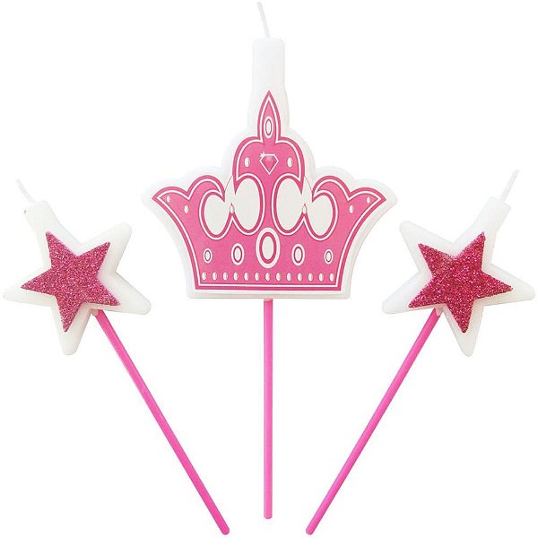 Vela Para Aniversario Coroa Rosa C/3 Pecas Kit 4665 Make+