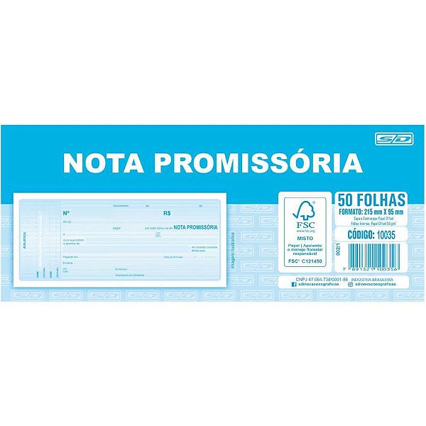 Impresso talao Nota promissoria 50f.95x215 am Pct.c/20 10035 Sd inovacoes