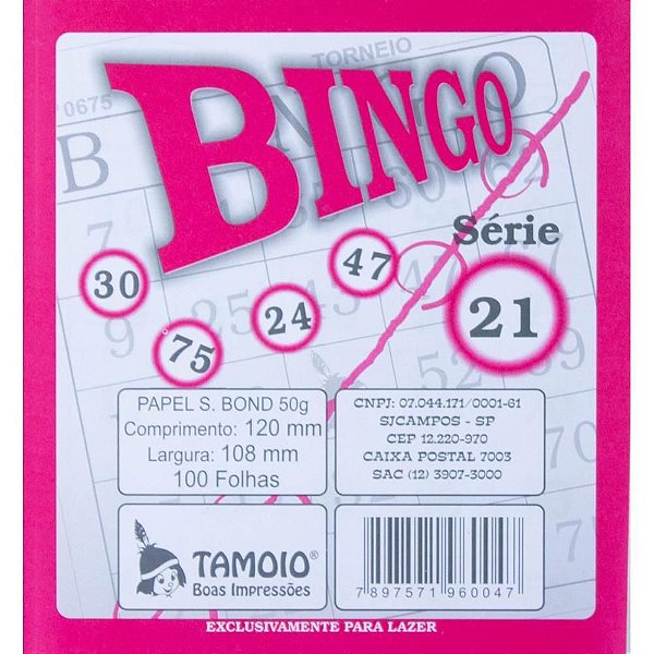 Bloco para bingo Rosa 120x108mm 100f jornal Pct.c/15 6034 Tamoio