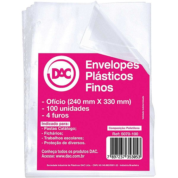 Envelope Plástico Ofício 4Furos Fino 0,06Mm Dac