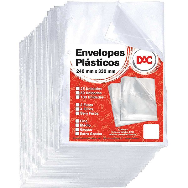 Envelope Plástico Ofício 4Furos Grosso 0,15Mm Dac