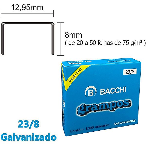 Grampo Para Grampeador 23/8 Galvanizado 1000 Grampos Bacchi