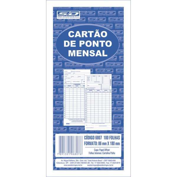 Impresso Cartao De Ponto Mensal Palha 86X180Mm Sao Domingos