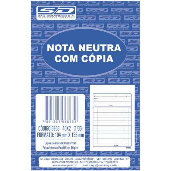Impresso Talao Nota Neutra 1/36 40X2 104X146 Sao Domingos