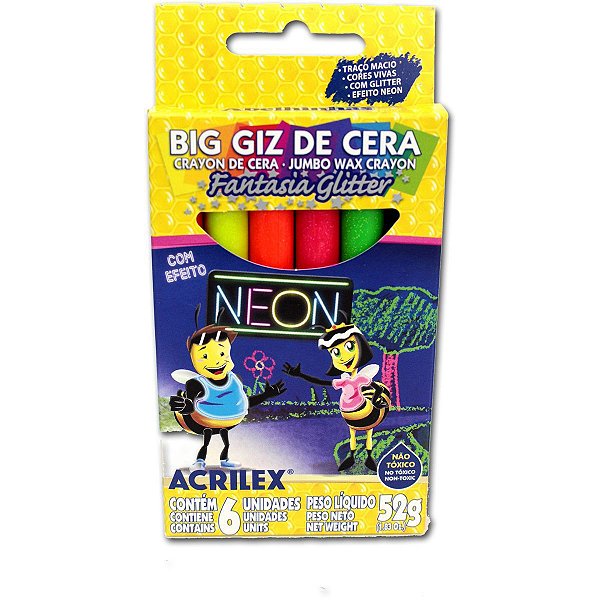 Lapis De Cera Gizao Big Gis Neon Gliter 52G 6Cores Acrilex