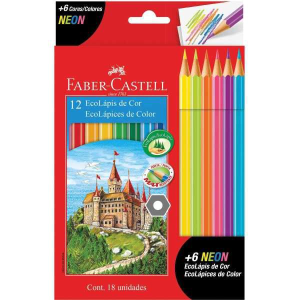 Lapis De Cor Sextavado Ecolapis 12Cores + 6Cores Neon Faber-Castell