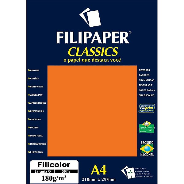 Papel A4 Color Filicolor Laranja 180G. Filiperson