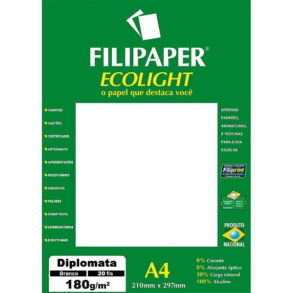 Papel A4 Diplomata Ecolight Branco 180G. Filiperson