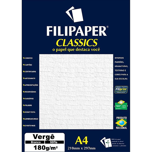 Papel A4 Verge Branco Classics 180G. Filiperson