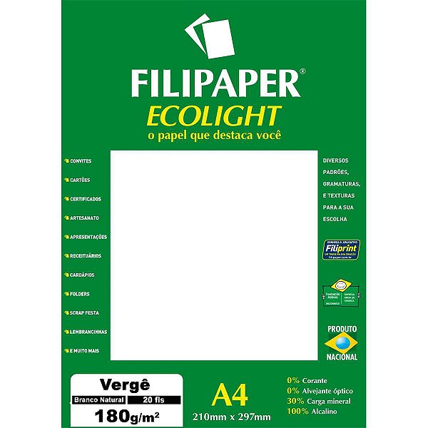 Papel A4 Verge Branco Ecolight 180G. Filiperson