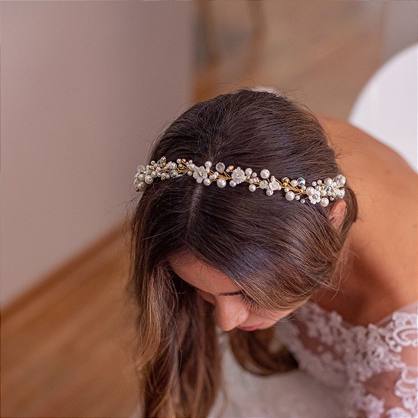 Tiara pérola com dourado