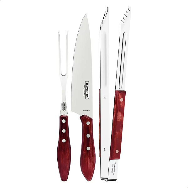 Jogo Churrasco 3 Peças Aço Inox Polywood Vermelho Tramontina