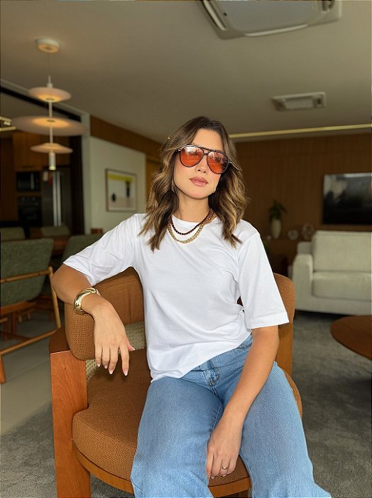 T-shirt Gola Redonda Paula Branca Algodão Egípcio
