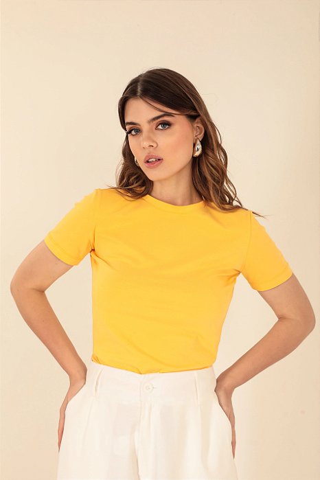 T-shirt Gola Redonda Ana Amarelo Manteiga Algodão Egípcio