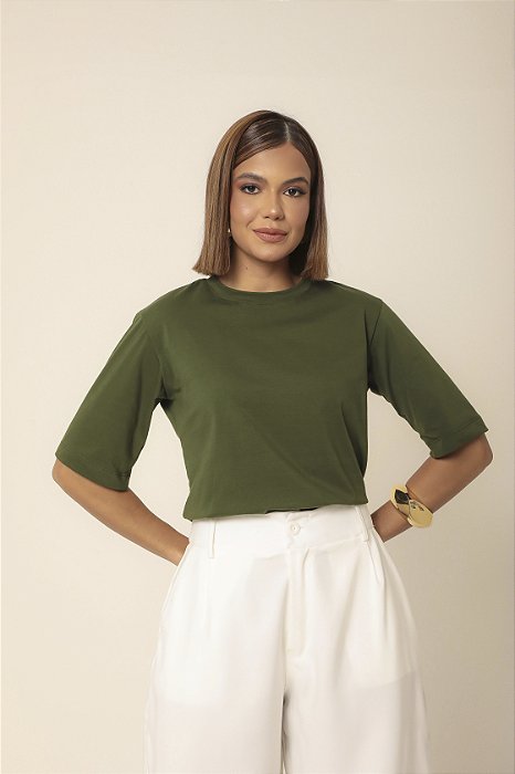 T-shirt Gola Redonda Paula Verde Floresta Algodão Egípcio