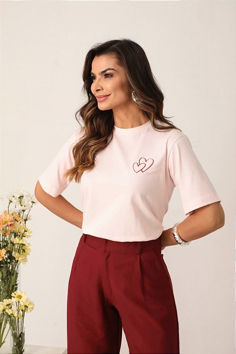 T-shirt Gola Redonda Paula Rosa Coração