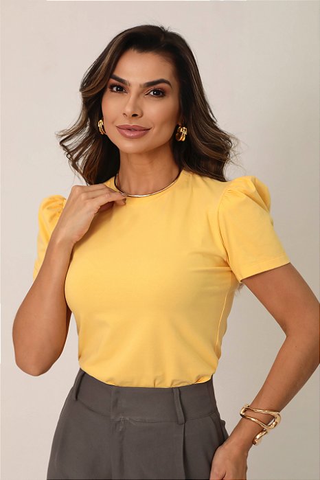 T-shirt Manga Bufante Gisa Amarelo Manteiga Algodão Egípcio
