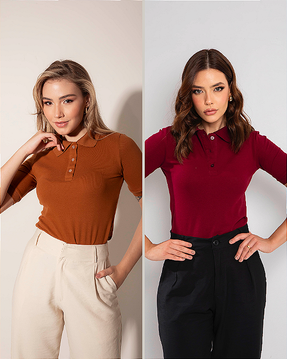 Kit 2 Camisas Polo Feminina Piquet Premium Bordo e Marrom