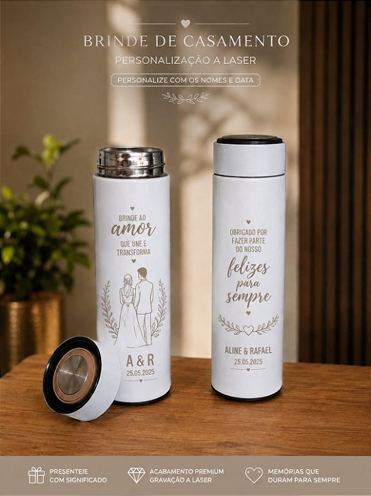 Kit 10 Garrafas Térmicas Inox Personalizadas a Laser - Padrinhos de Casamento