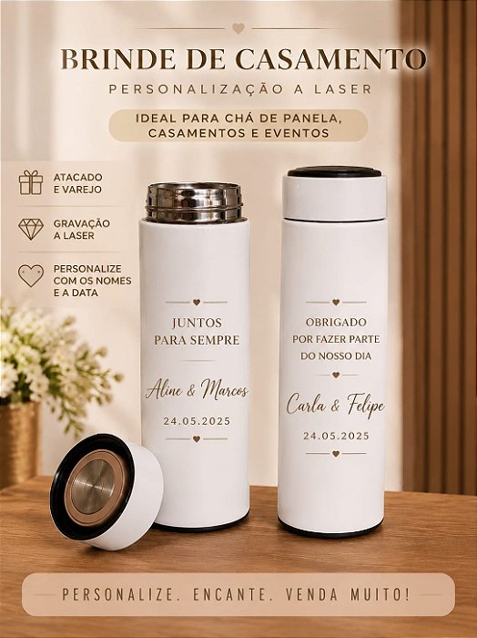 Kit 50 Lembrancinhas de Casamento Garrafa Térmica Inox Personalizada a Laser