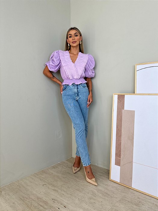 Blusa Cropped Manga Princesa Alícia Lilás