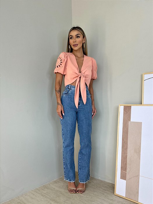 Blusa Amarração Manga Bordada Eva Salmão