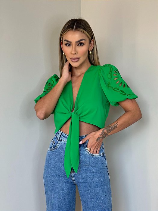 Blusa Amarração Manga Bordada Eva Verde