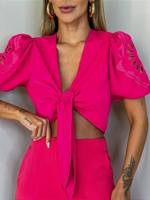 Blusa Amarração Manga Bordada Eva Rosa Pink