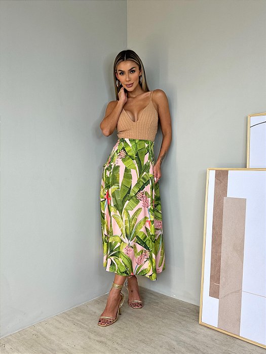 Saia Pala De Lastex Estampada Banana Verde e Rosa Farm