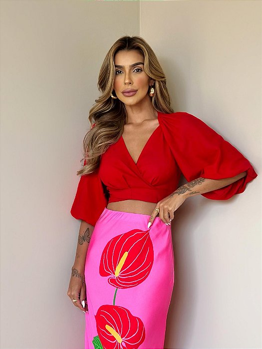 Blusa Transpasse Mangas Vermelha Farm