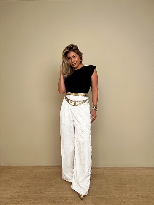 Calça Pantalona Brilho (Pedrinhas) Margô Branca