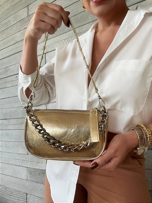 Bolsa Pequena Courino Dourada