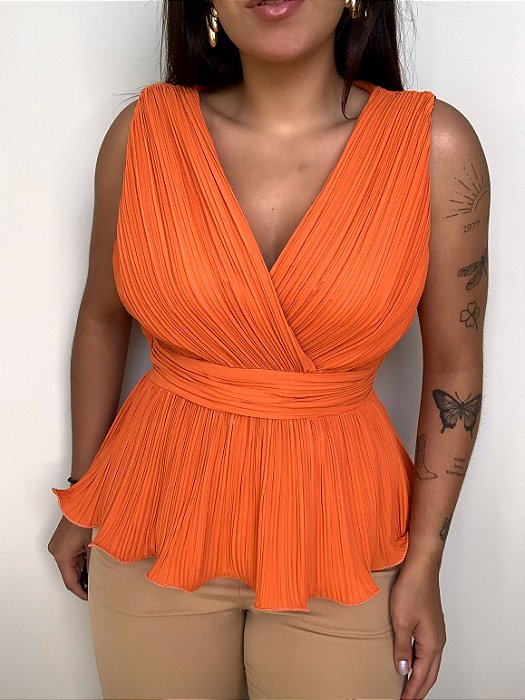 Blusa Peplum Plissada Antônia Laranja