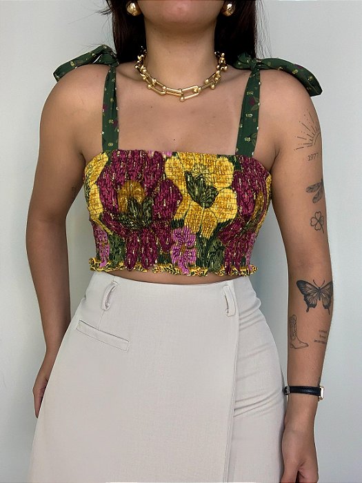 Blusa Cropped Estampada Jardim Farm