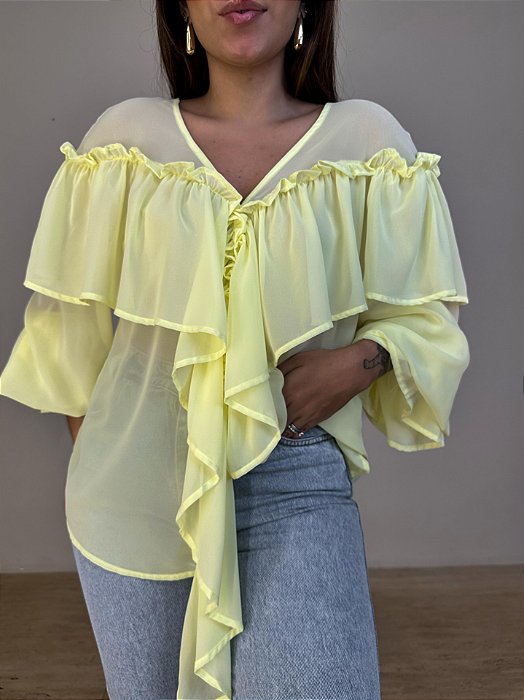 Camisa Bata Angelina Babados Amarelo Manteiga