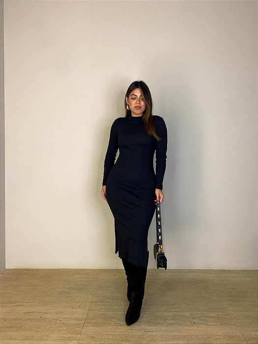 Vestido Midi Canelado Kira Preto