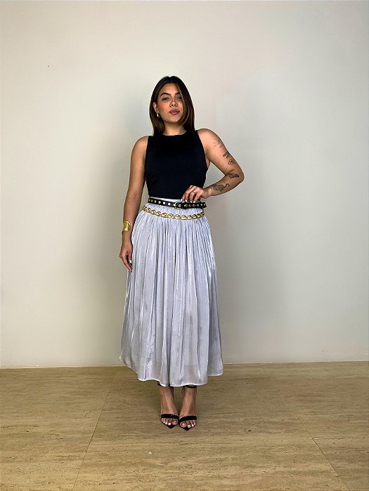 Saia Midi Plissada Helena Cinza