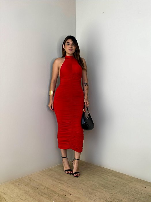 Vestido Midi Drapeado Virgínia Vermelho