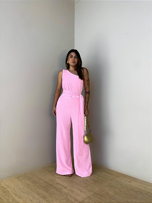 Macacão Alfaiataria Nula Manga Isabela Rosa Claro