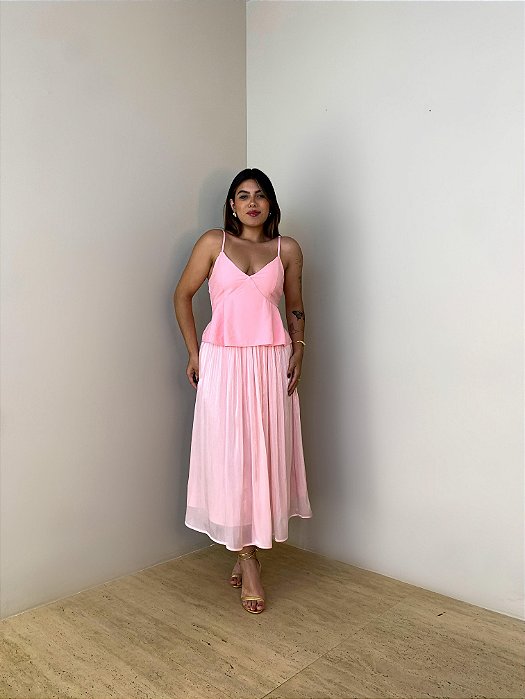 Saia Midi Plissada Helena Rosa Claro