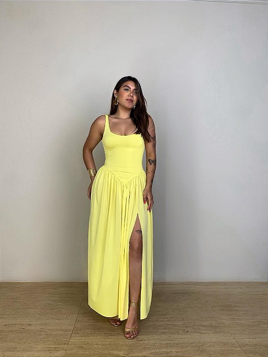 Vestido Midi Fenda Vitória Amarelo