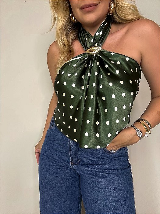 Lenço Cetim Poá Verde Com Champanhe