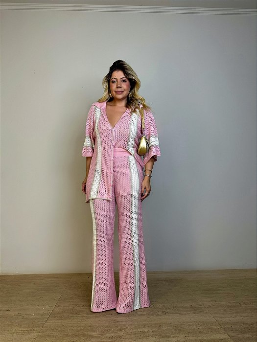Conjunto Tricot Listrado Dinamarca Rosa Blush