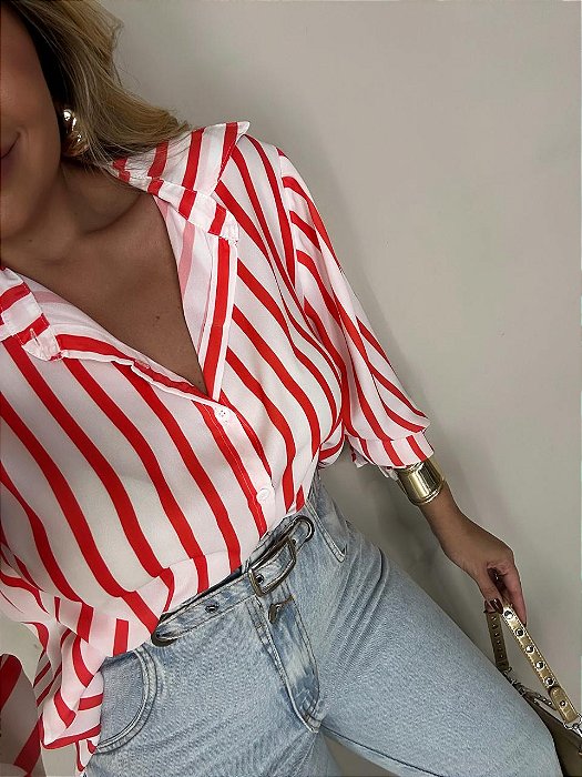 Camisa Listrada Marcela Branca e Laranja