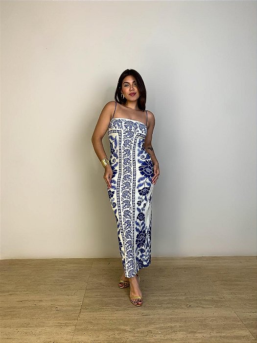 Vestido Midi Alcinha Off White e Azul Farm